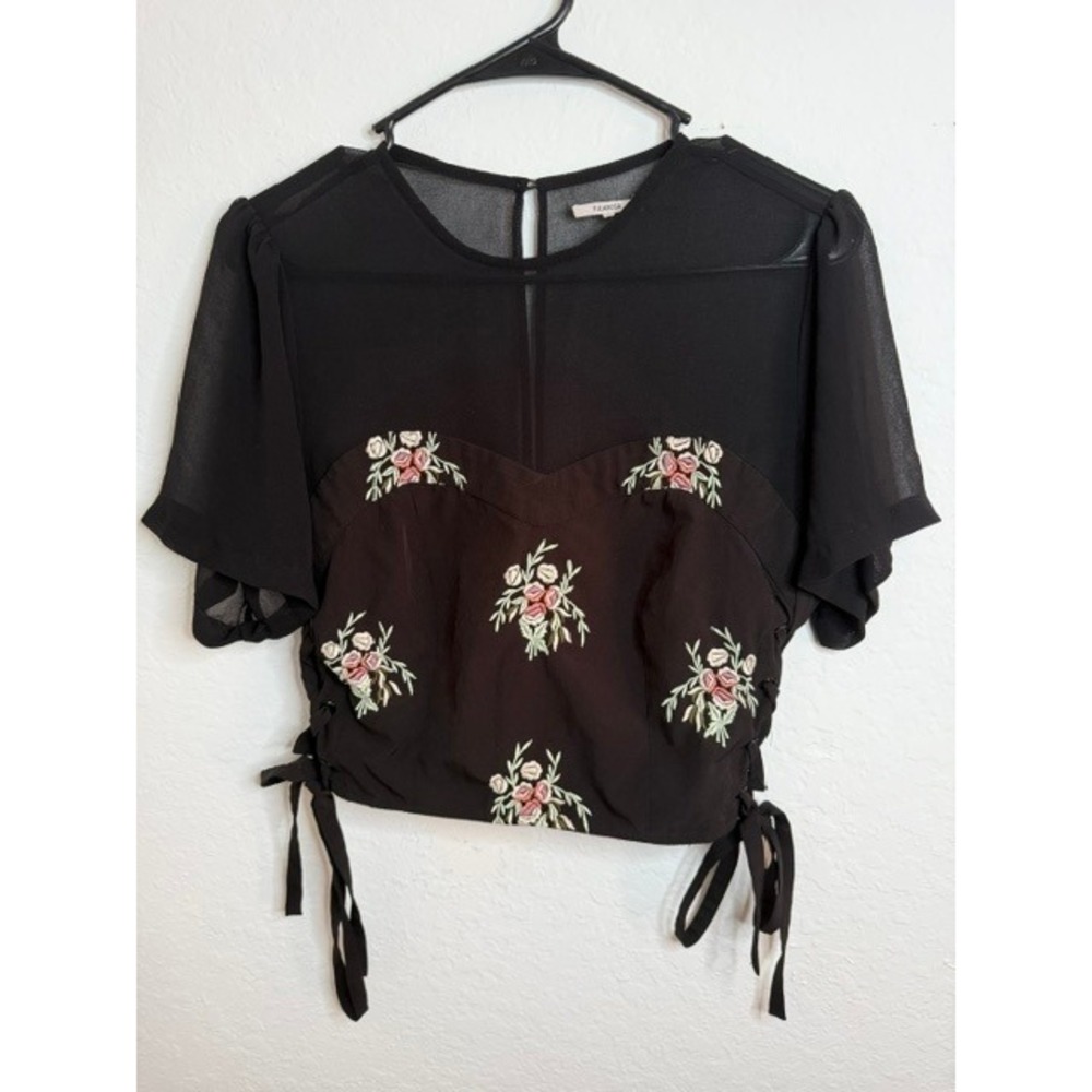 Tularosa Womens Black Floral Embroidered Mesh Crop Top Lace Up Sides Medium
